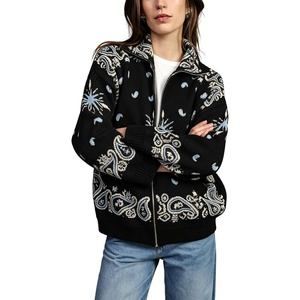 Springrain Womens Paisley Knit Cardigan Collared Zip Up Sweater Jacket(Black)
