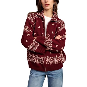 Springrain Womens Paisley Knit Cardigan Collared Zip Up Sweater Jacket(Burgundy)