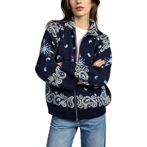 Springrain Womens Paisley Knit Cardigan Collared Zip Up Sweater Jacket(Navy)