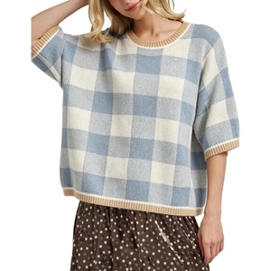 Springrain Women’s Plaid 3/4 Sleeve Knit Round Neck Sweater(Blue)