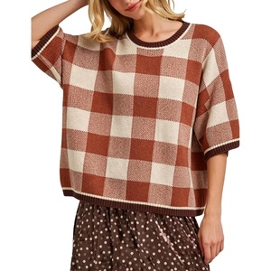 Springrain Women’s Plaid 3/4 Sleeve Knit Round Neck Sweater(Rust)