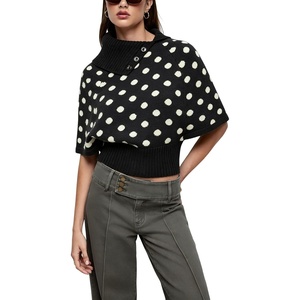 Springrain Women’s Polka Dot Cropped Knit Sweater Shawl Collar Top(Black)