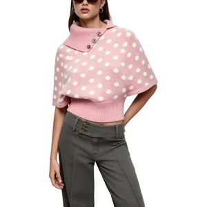 Springrain Women’s Polka Dot Cropped Knit Sweater Shawl Collar Top(Pink)