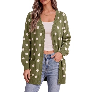 Springrain Womens Polka Dot Knit Cardigan Button Long Sleeve Sweater(Armygreen)