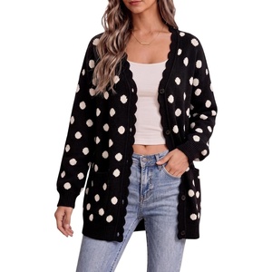 Springrain Womens Polka Dot Knit Cardigan Button Long Sleeve Sweater(Black)