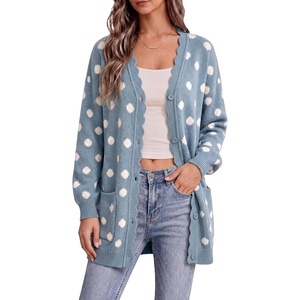 Springrain Womens Polka Dot Knit Cardigan Button Long Sleeve Sweater(Blue)