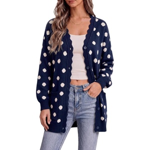 Springrain Womens Polka Dot Knit Cardigan Button Long Sleeve Sweater(Navy)