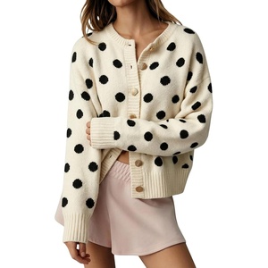 Springrain Womens Polka Dot Knit Cardigan Crew Neck Long Sleeve Sweater(Beige)