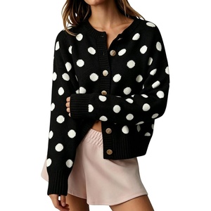 Springrain Womens Polka Dot Knit Cardigan Crew Neck Long Sleeve Sweater(Black)