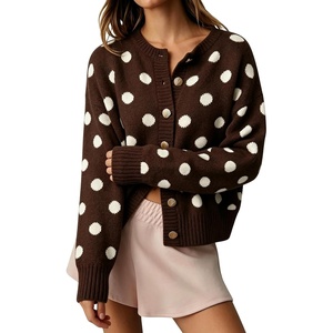 Springrain Womens Polka Dot Knit Cardigan Crew Neck Long Sleeve Sweater(Coffee)