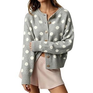 Springrain Womens Polka Dot Knit Cardigan Crew Neck Long Sleeve Sweater(Grey)