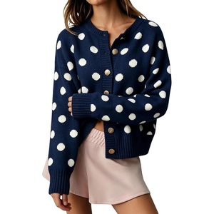 Springrain Womens Polka Dot Knit Cardigan Crew Neck Long Sleeve Sweater(Navy)