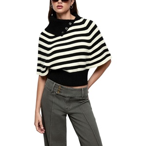 Springrain Women’s Striped Cropped Knit Sweater Shawl Collar Pullover Top(Black)