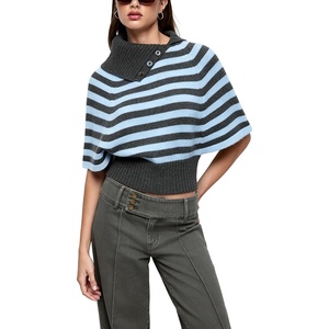 Springrain Women’s Striped Cropped Knit Sweater Shawl Collar Pullover Top(Blue)