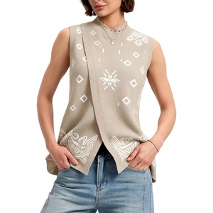 Springrain Women’s Sweater Vest Side Split Sleeveless Geometric Pullover(Khaki)