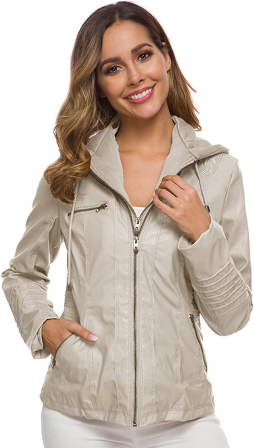image:imageSpringrain Womens Faux Leather Jacket Moto Biker Coat for Fall and WinterApricot