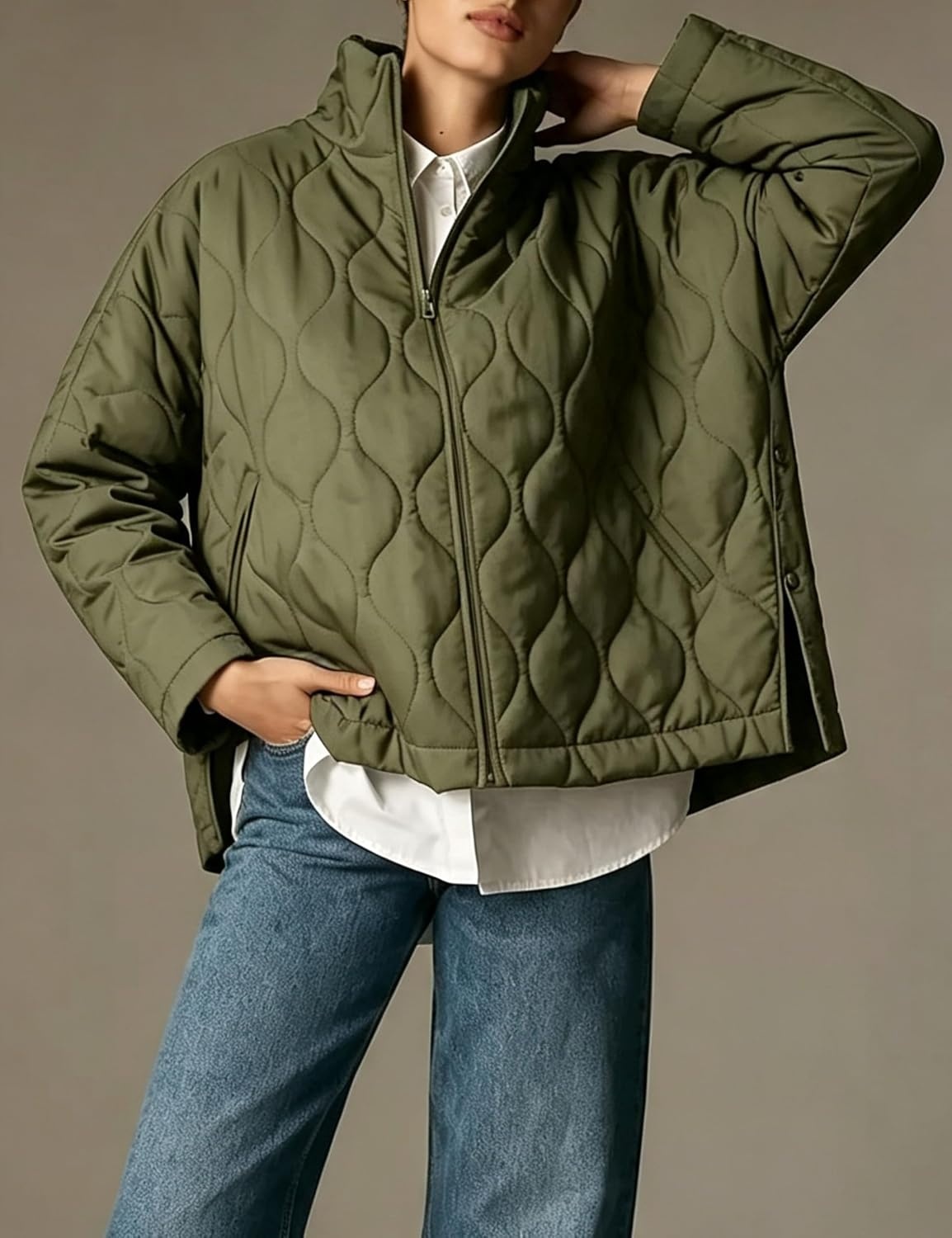 image:imageSpringrain Womens Quilted Puffer Jacket Oversized Winter CoatArmygreen