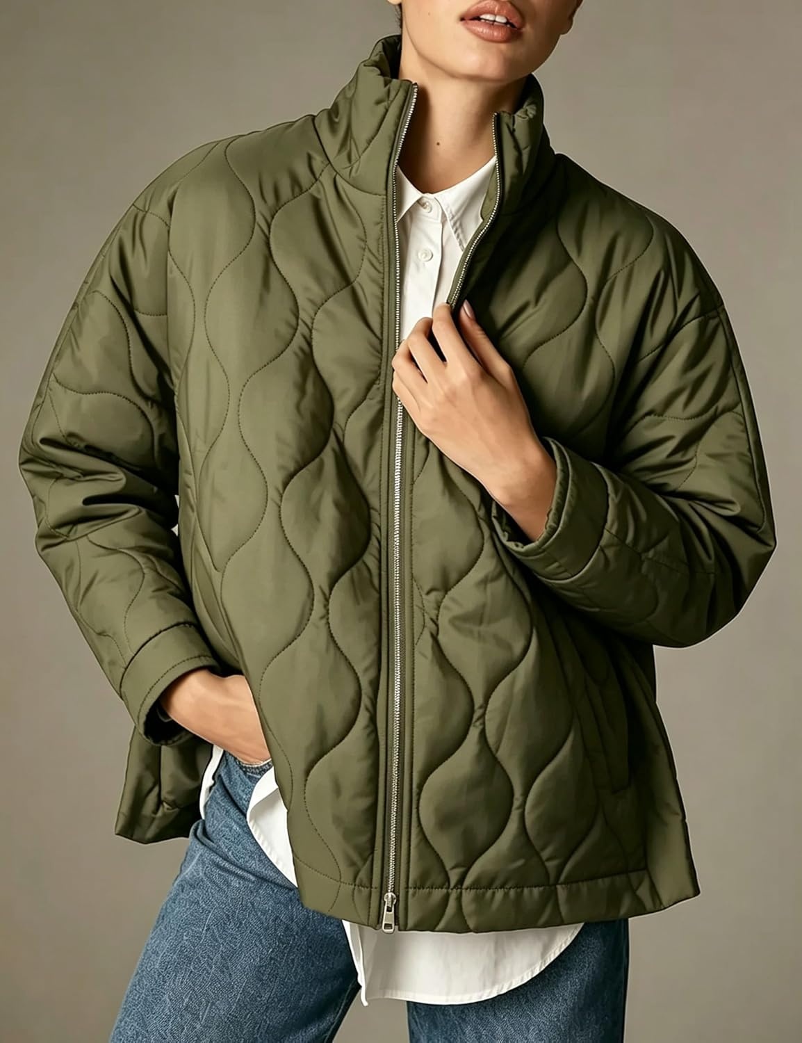 image:imageSpringrain Womens Quilted Puffer Jacket Oversized Winter CoatArmygreen