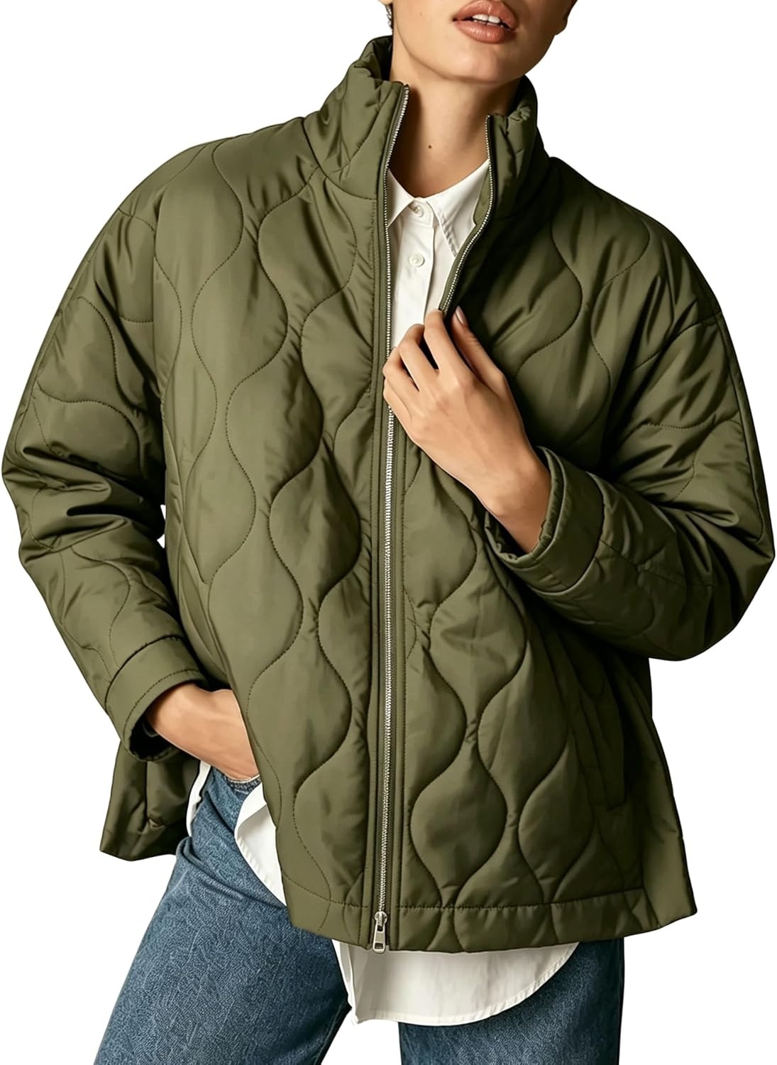 image:imageSpringrain Womens Quilted Puffer Jacket Oversized Winter CoatArmygreen