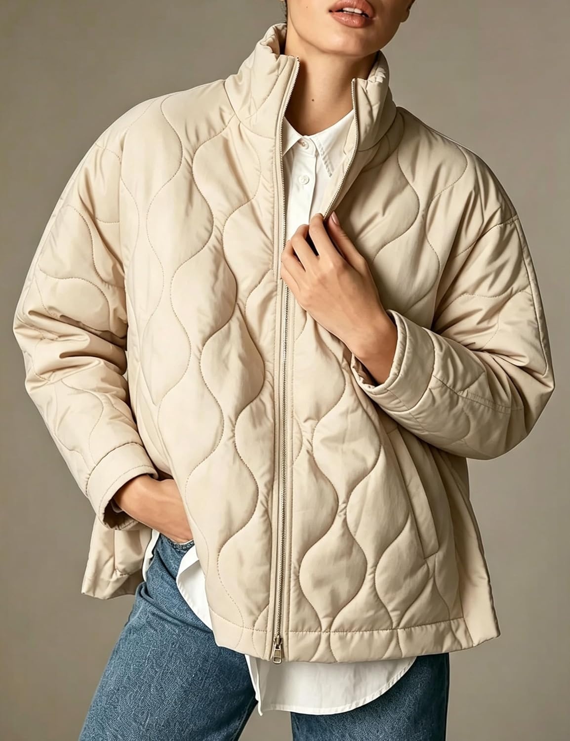 image:imageSpringrain Womens Quilted Puffer Jacket Oversized Winter CoatBeige