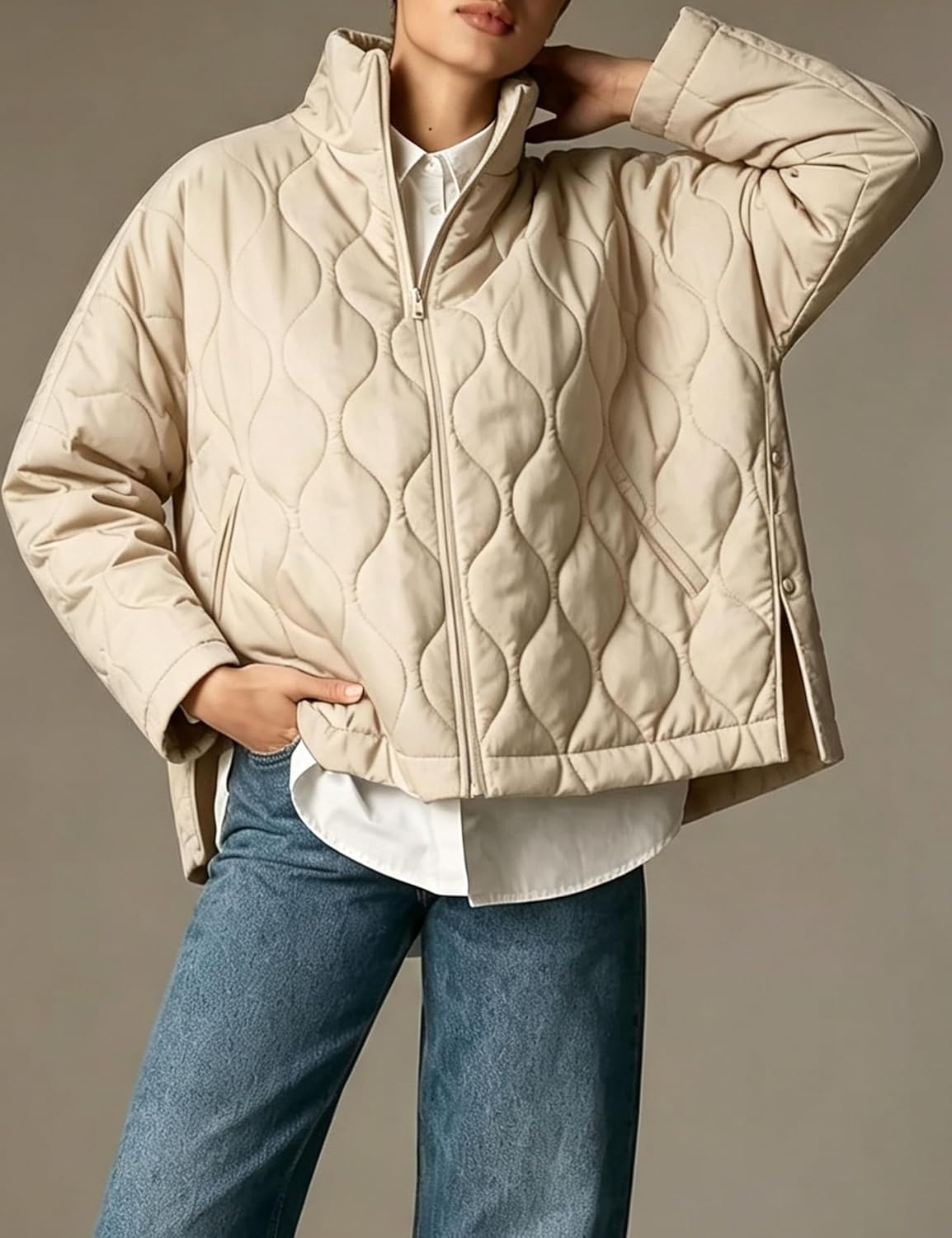 image:imageSpringrain Womens Quilted Puffer Jacket Oversized Winter CoatBeige