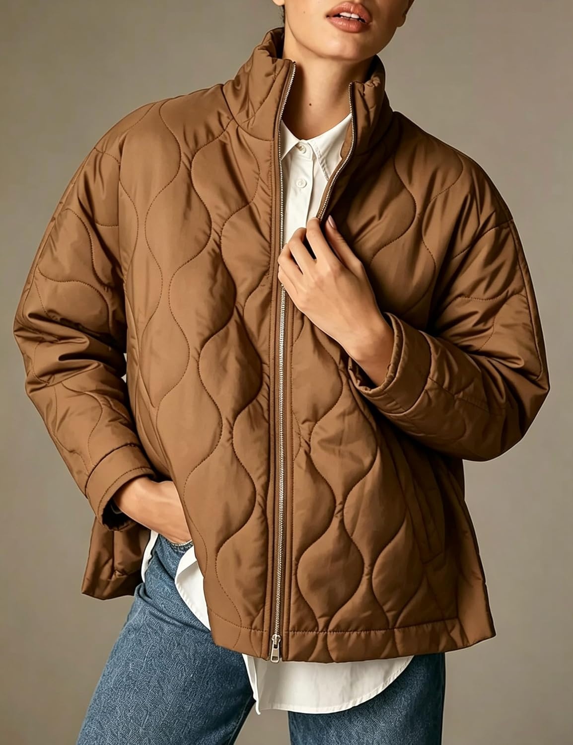 image:imageSpringrain Womens Quilted Puffer Jacket Oversized Winter CoatBrown
