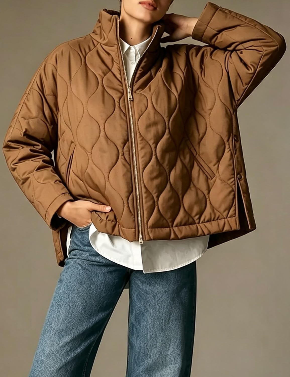 image:imageSpringrain Womens Quilted Puffer Jacket Oversized Winter CoatBrown