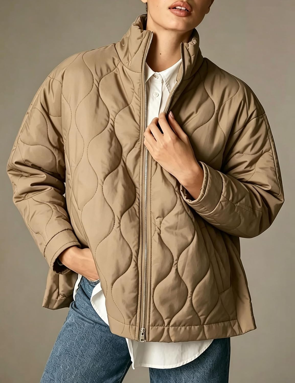 image:imageSpringrain Womens Quilted Puffer Jacket Oversized Winter CoatKhaki