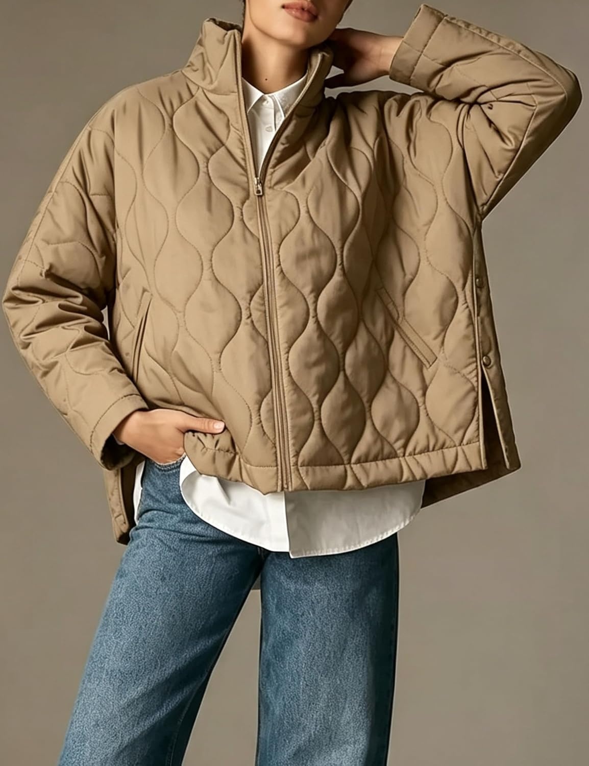 image:imageSpringrain Womens Quilted Puffer Jacket Oversized Winter CoatKhaki