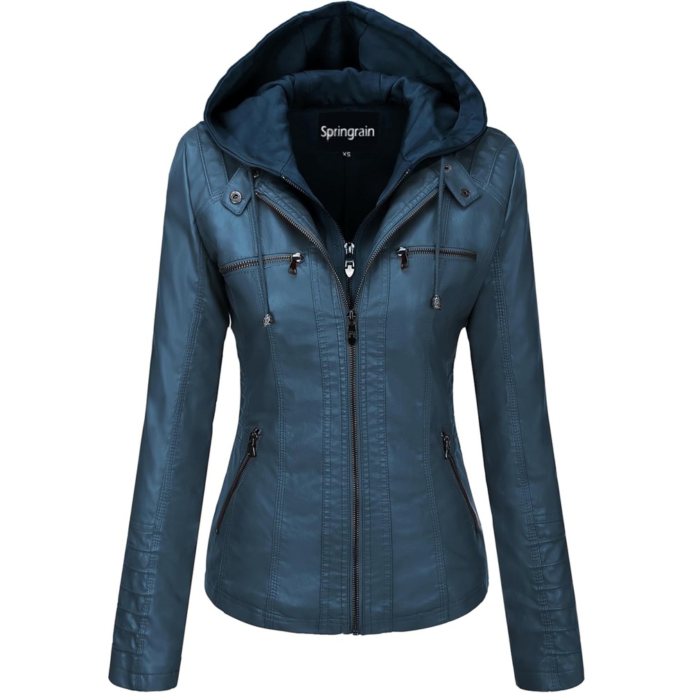 image:imageSpringrain Womens Faux Leather Jacket Moto Biker Coat for Fall and WinterBlue