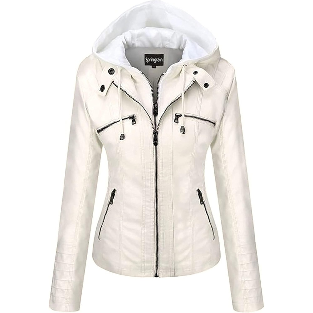image:imageSpringrain Womens Faux Leather Jacket Moto Biker Coat for Fall and WinterWhite