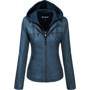 Springrain Women’s Faux Leather Jacket Moto Biker Coat for Fall and Winter(Blue)