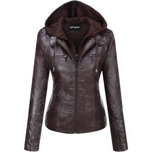 Springrain Women’s Faux Leather Jacket Moto Biker Coat for Fall and Winter(Coffee)