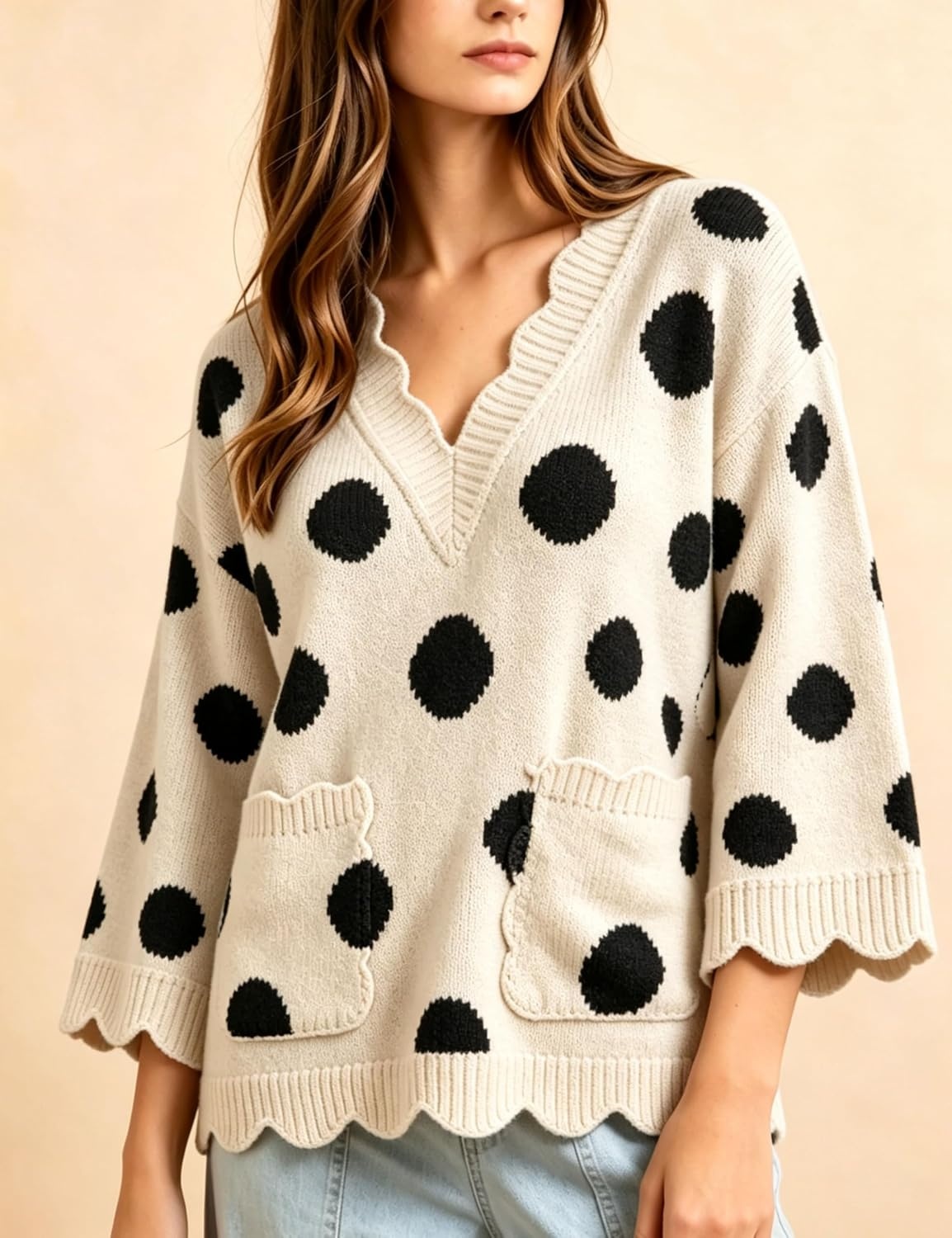 image:imageSpringrain Sweaters for Women Polka Dot V Neck Fall Knit PulloverBeige