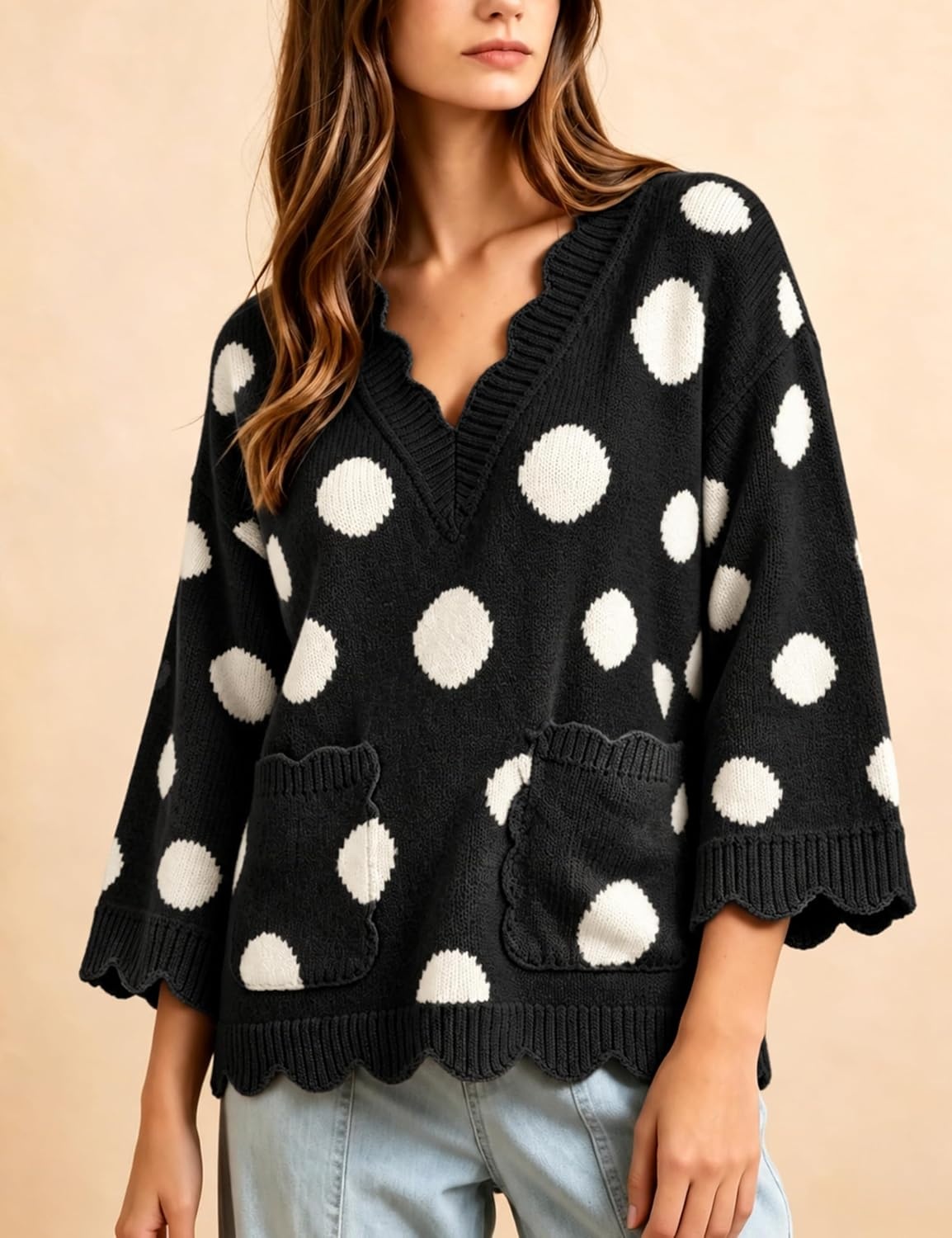 image:imageSpringrain Sweaters for Women Polka Dot V Neck Fall Knit PulloverBlack