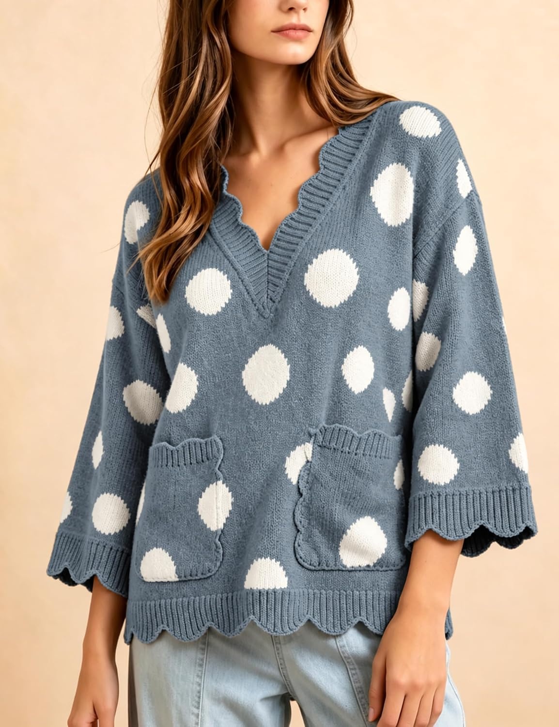 image:imageSpringrain Sweaters for Women Polka Dot V Neck Fall Knit PulloverBluegrey