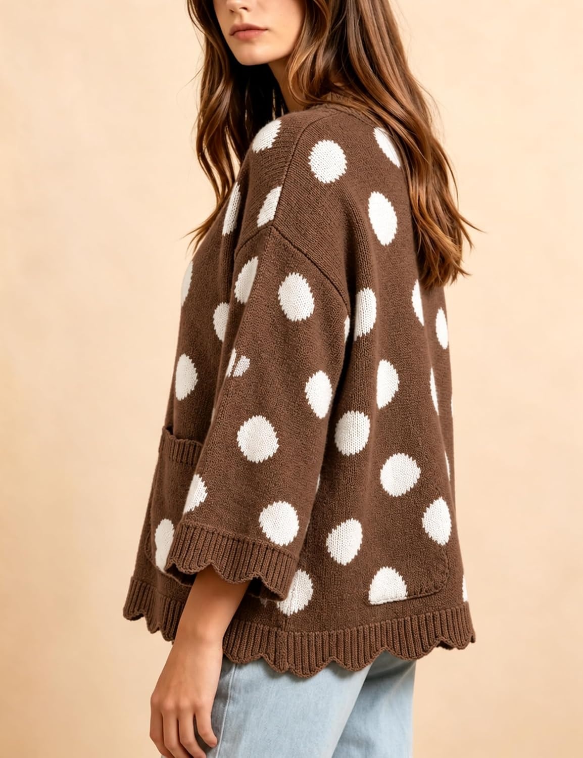 image:imageSpringrain Sweaters for Women Polka Dot V Neck Fall Knit PulloverBrown