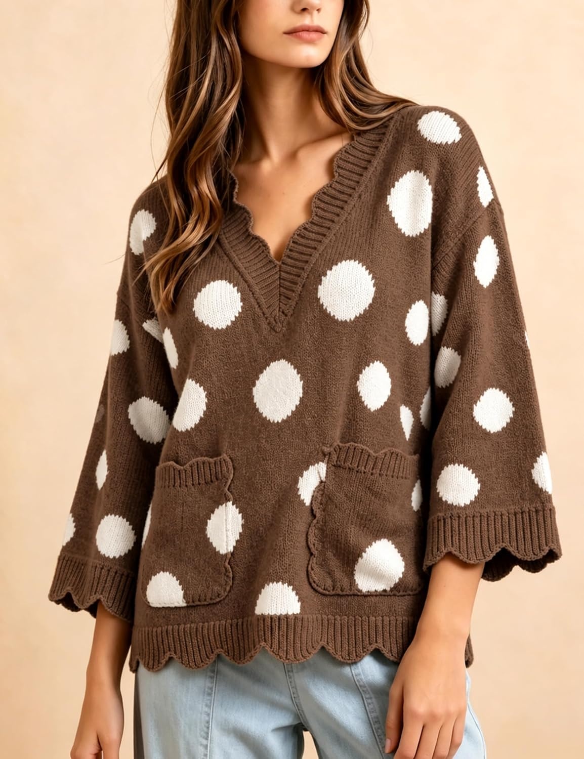 image:imageSpringrain Sweaters for Women Polka Dot V Neck Fall Knit PulloverBrown