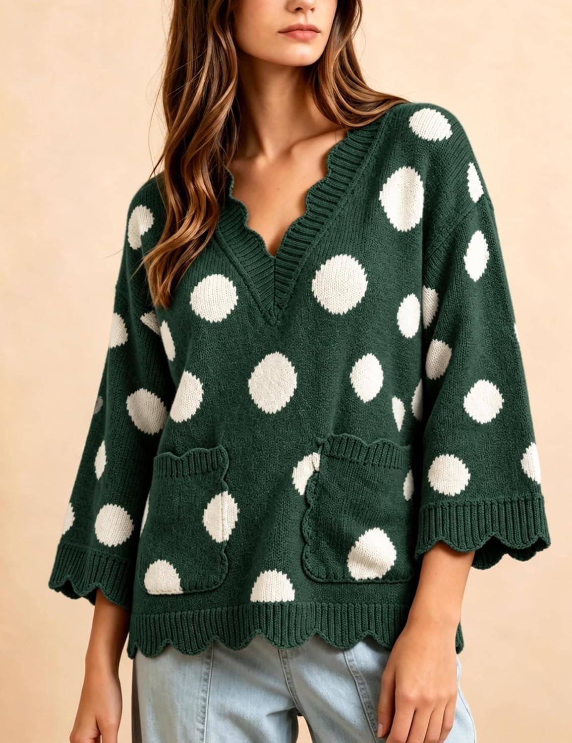 image:imageSpringrain Sweaters for Women Polka Dot V Neck Fall Knit PulloverGreen