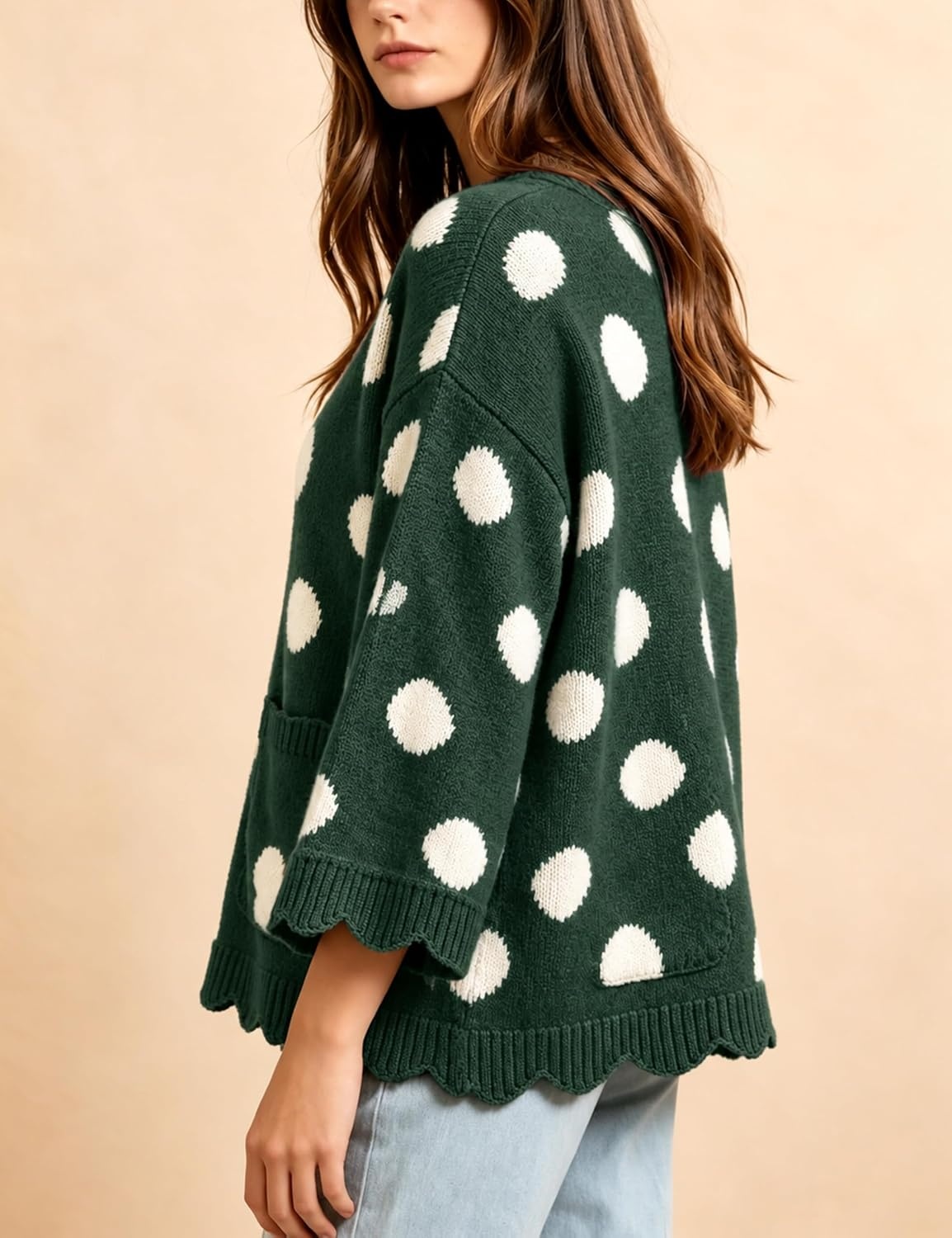 image:imageSpringrain Sweaters for Women Polka Dot V Neck Fall Knit PulloverGreen