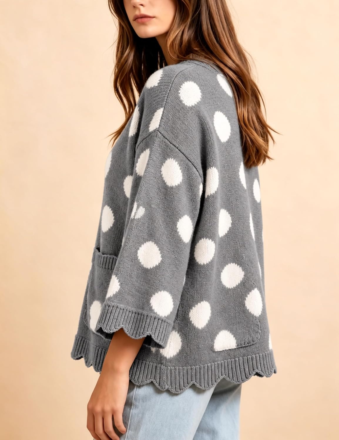 image:imageSpringrain Sweaters for Women Polka Dot V Neck Fall Knit PulloverGrey