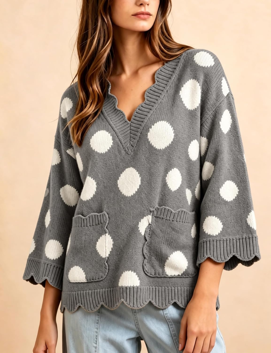image:imageSpringrain Sweaters for Women Polka Dot V Neck Fall Knit PulloverGrey