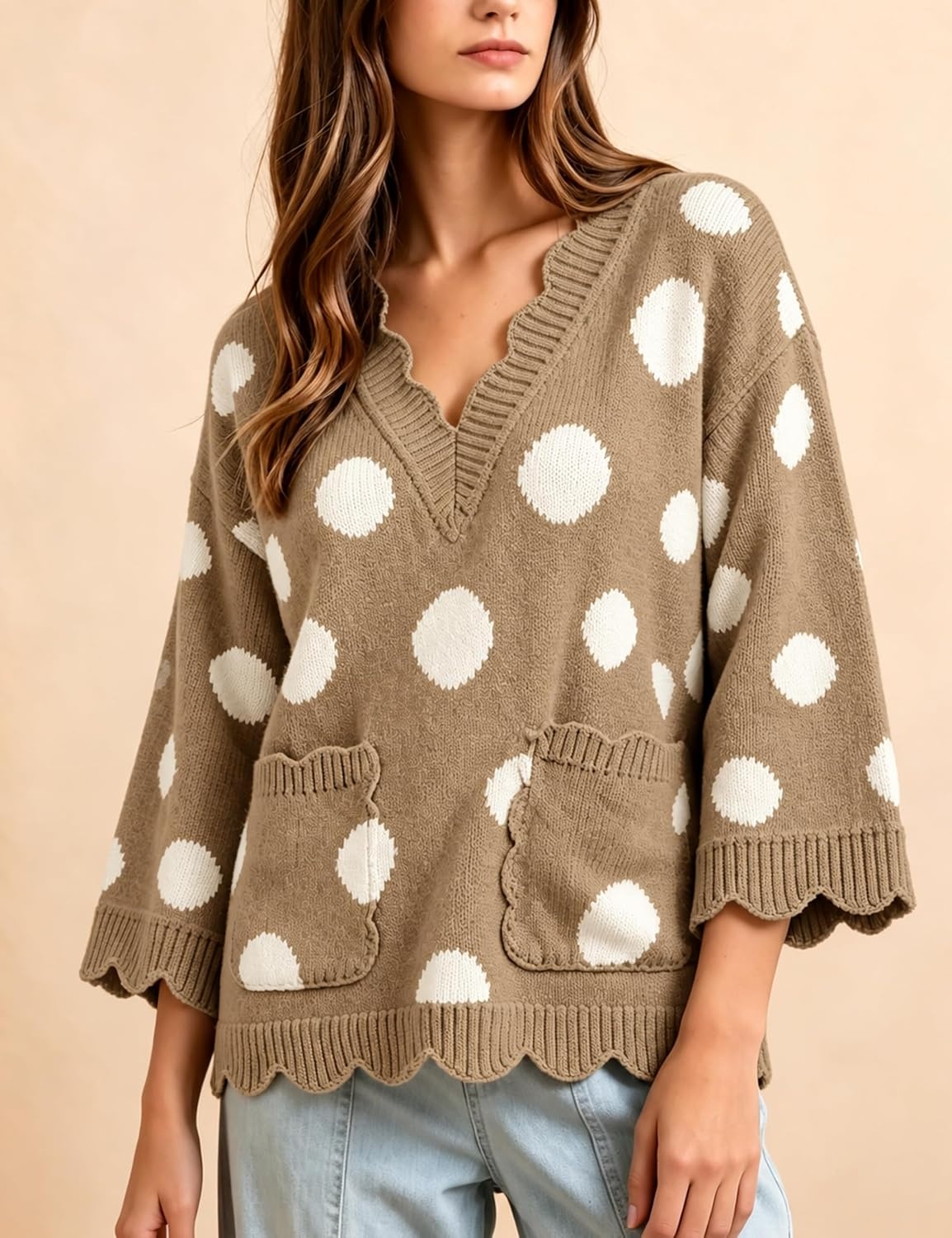 image:imageSpringrain Sweaters for Women Polka Dot V Neck Fall Knit PulloverKhaki