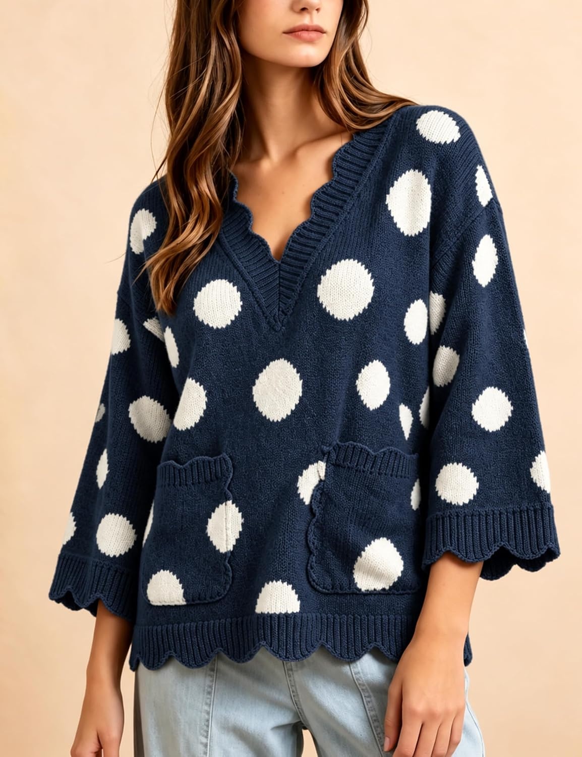 image:imageSpringrain Sweaters for Women Polka Dot V Neck Fall Knit PulloverNavy