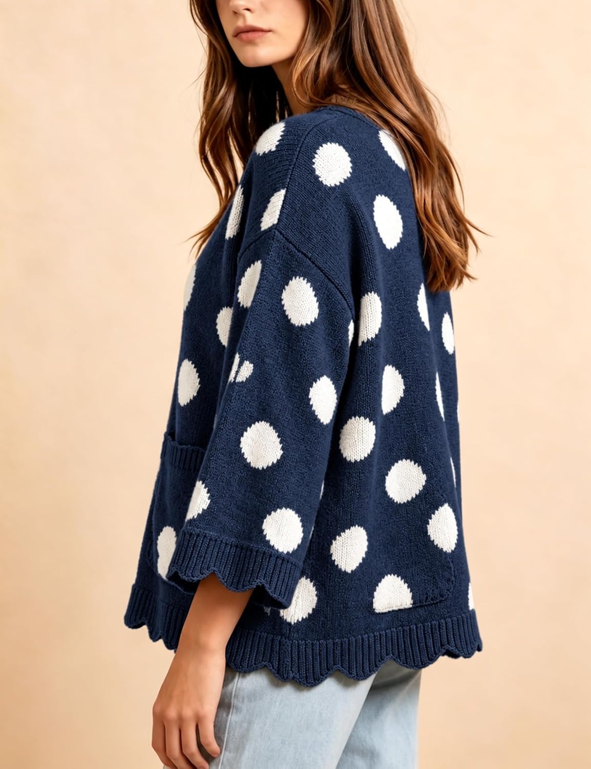 image:imageSpringrain Sweaters for Women Polka Dot V Neck Fall Knit PulloverNavy