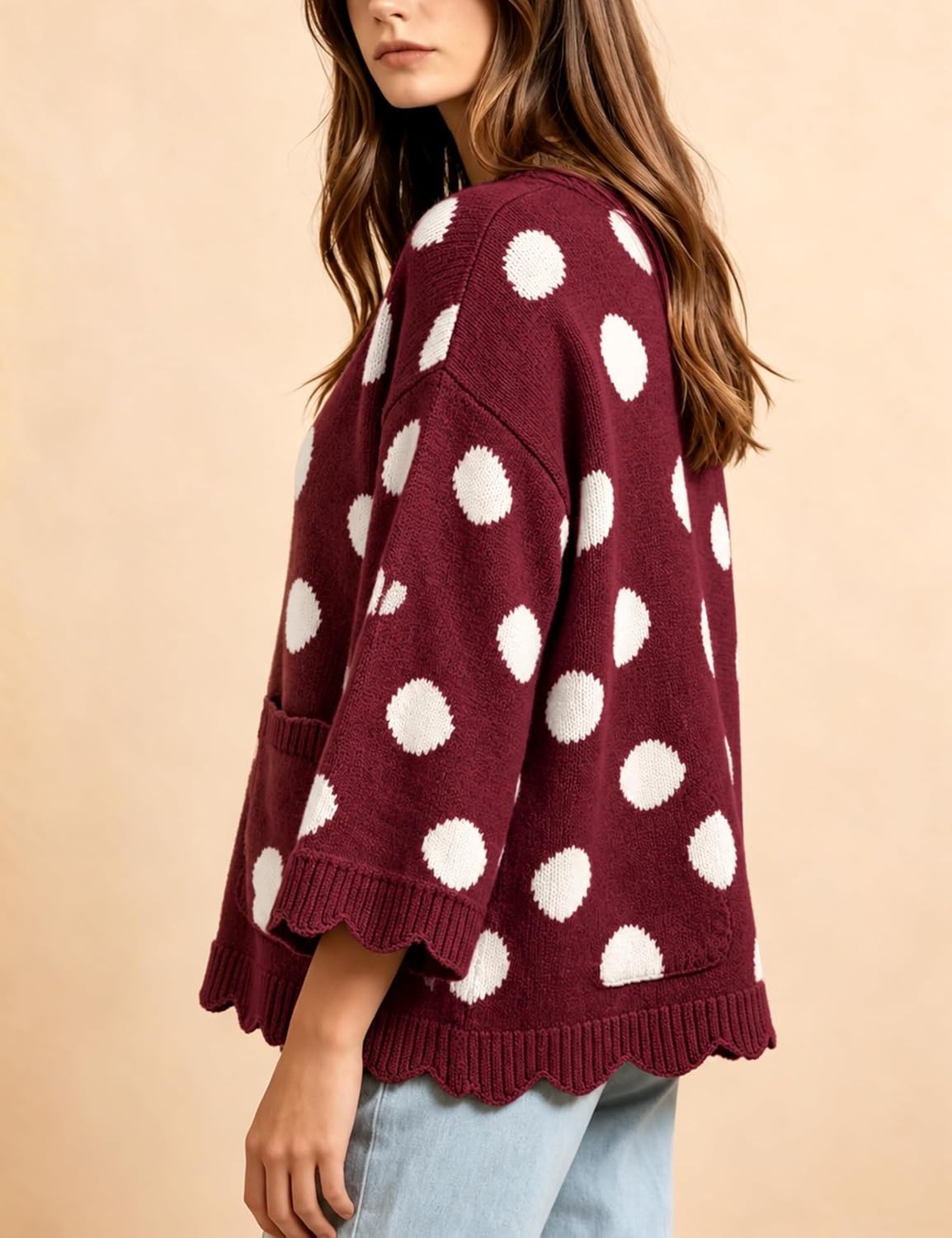image:imageSpringrain Sweaters for Women Polka Dot V Neck Fall Knit PulloverWinered