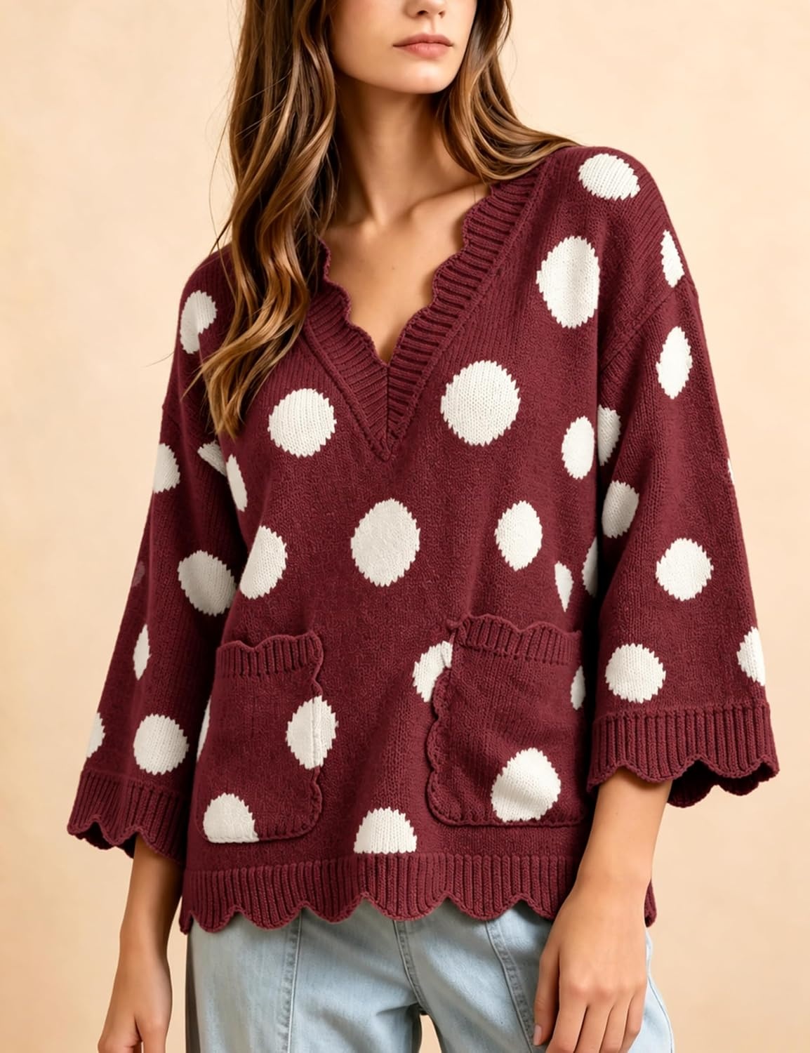 image:imageSpringrain Sweaters for Women Polka Dot V Neck Fall Knit PulloverWinered