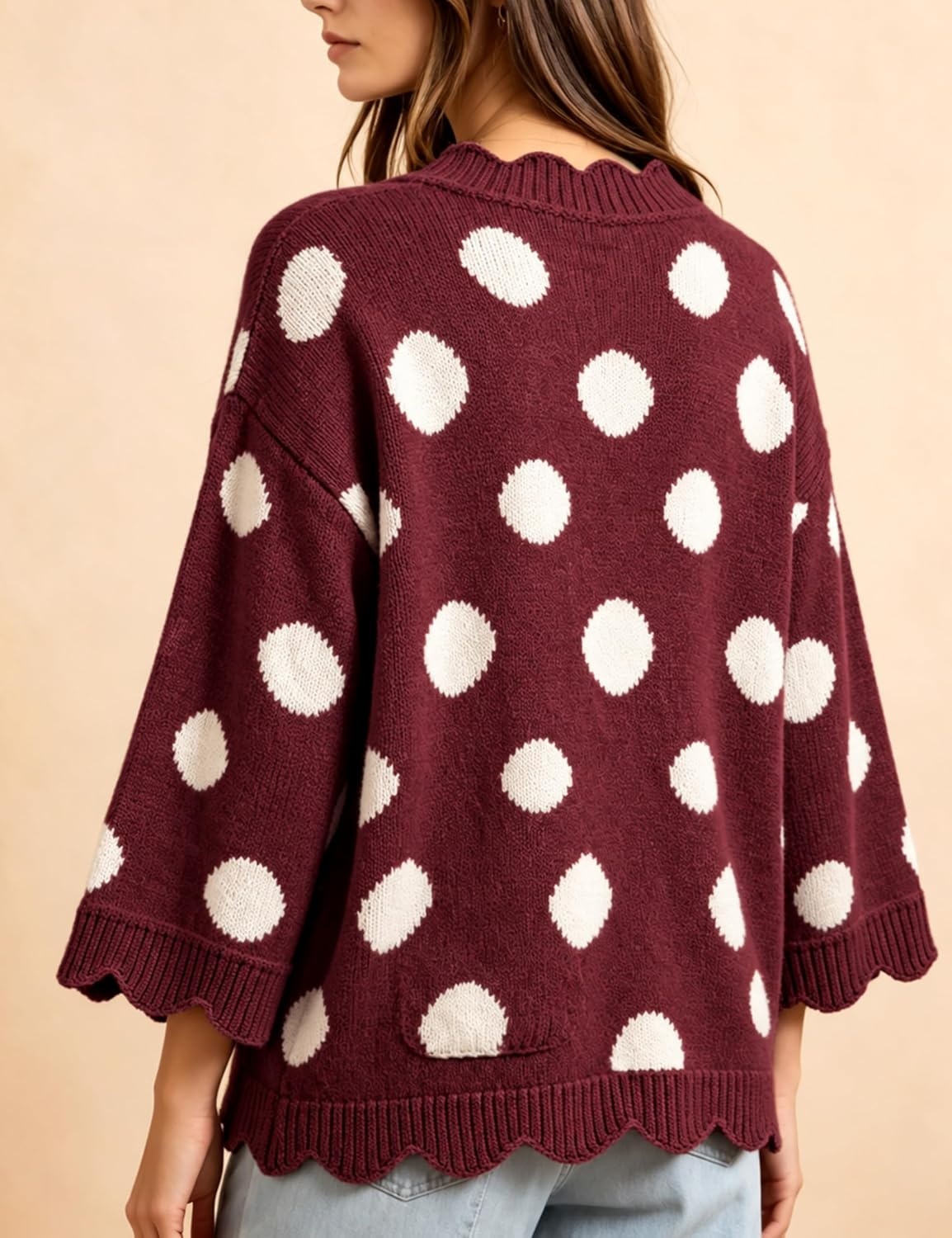 image:imageSpringrain Sweaters for Women Polka Dot V Neck Fall Knit PulloverWinered
