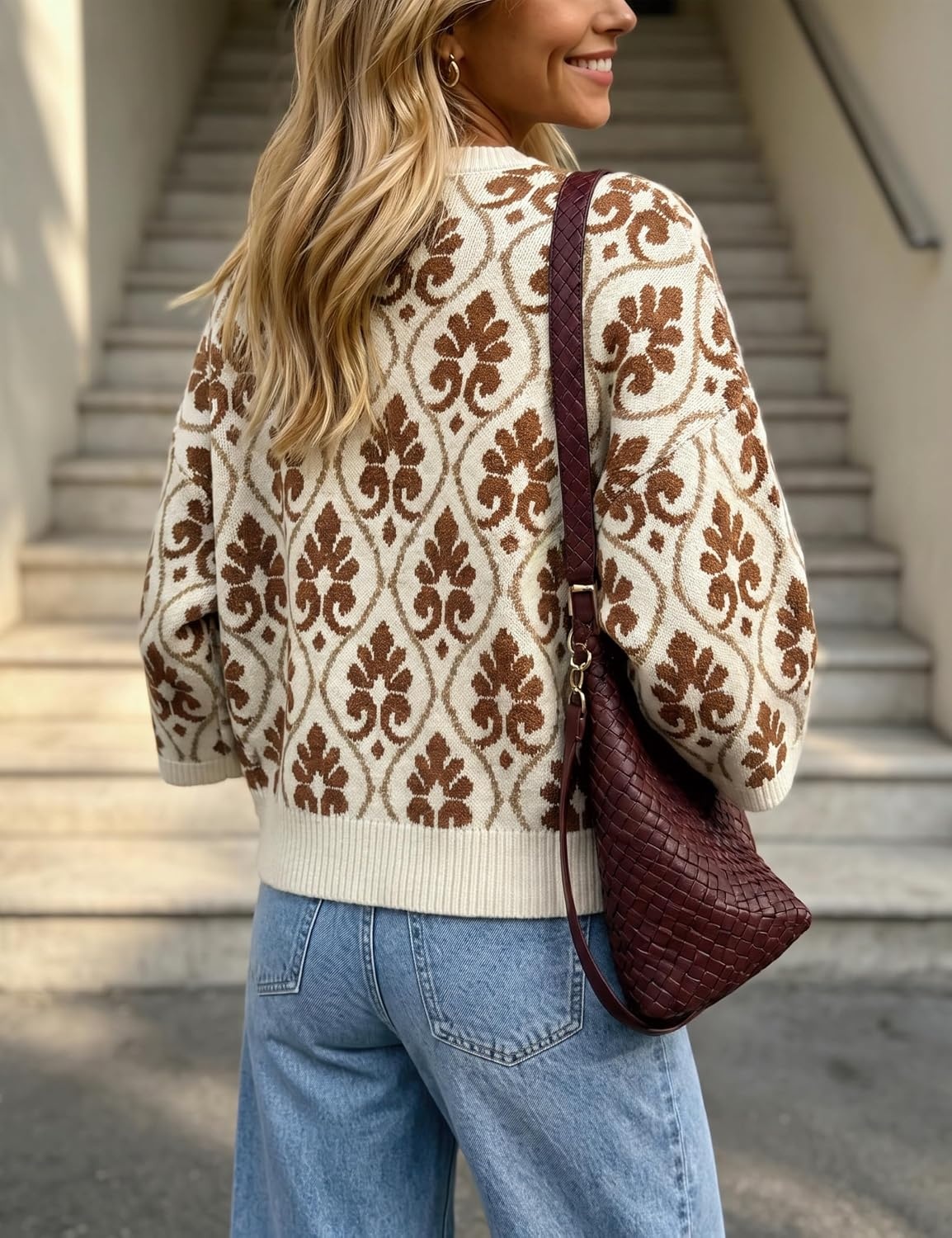 image:imageSpringrain Women Floral Knit Cardigan Short Sleeve Button Front SweaterBrown