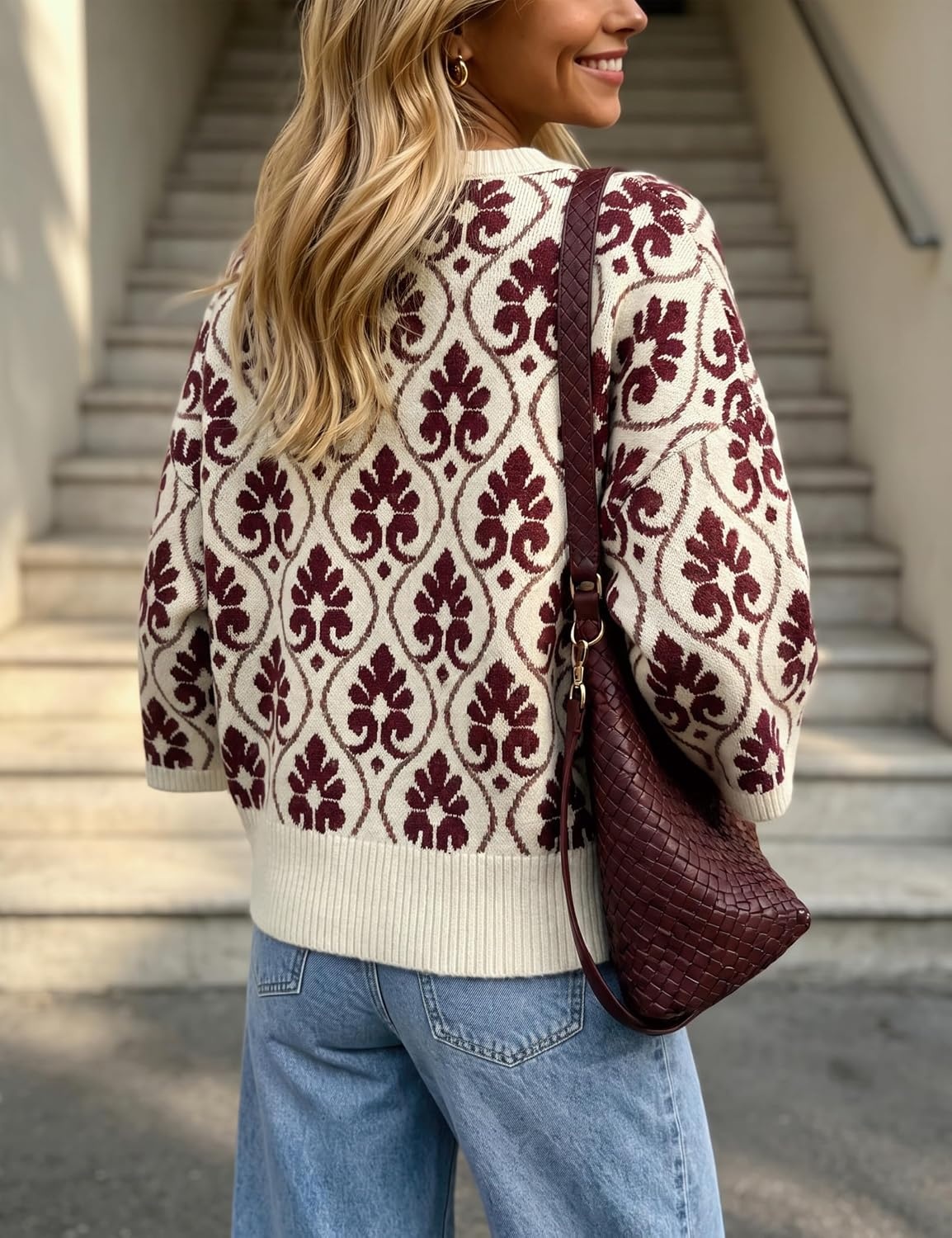 image:imageSpringrain Women Floral Knit Cardigan Short Sleeve Button Front SweaterBurgundy